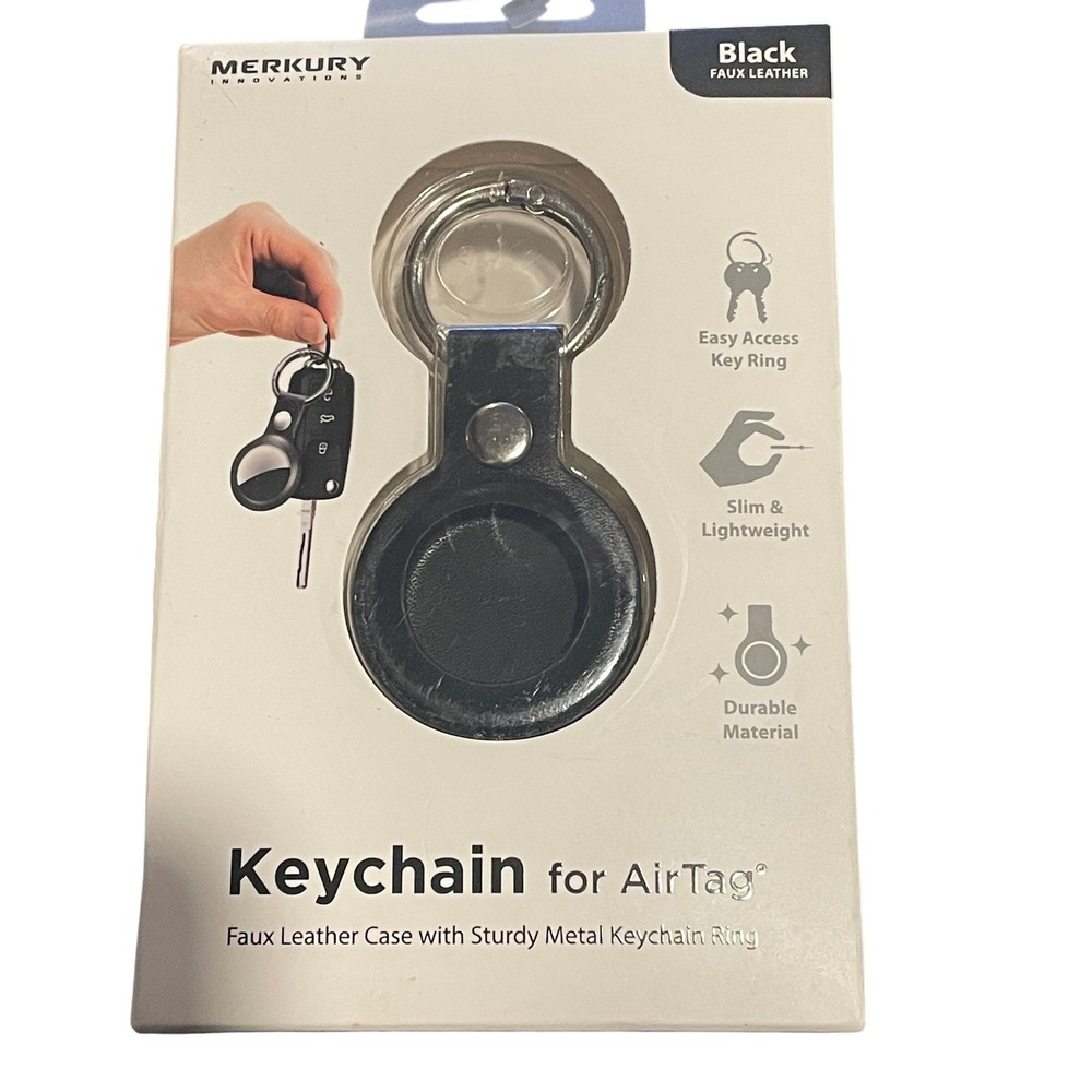 Merkury Innovations Black Faux‎ Leather Keychain Case AirTag Sturdy Ring NIB